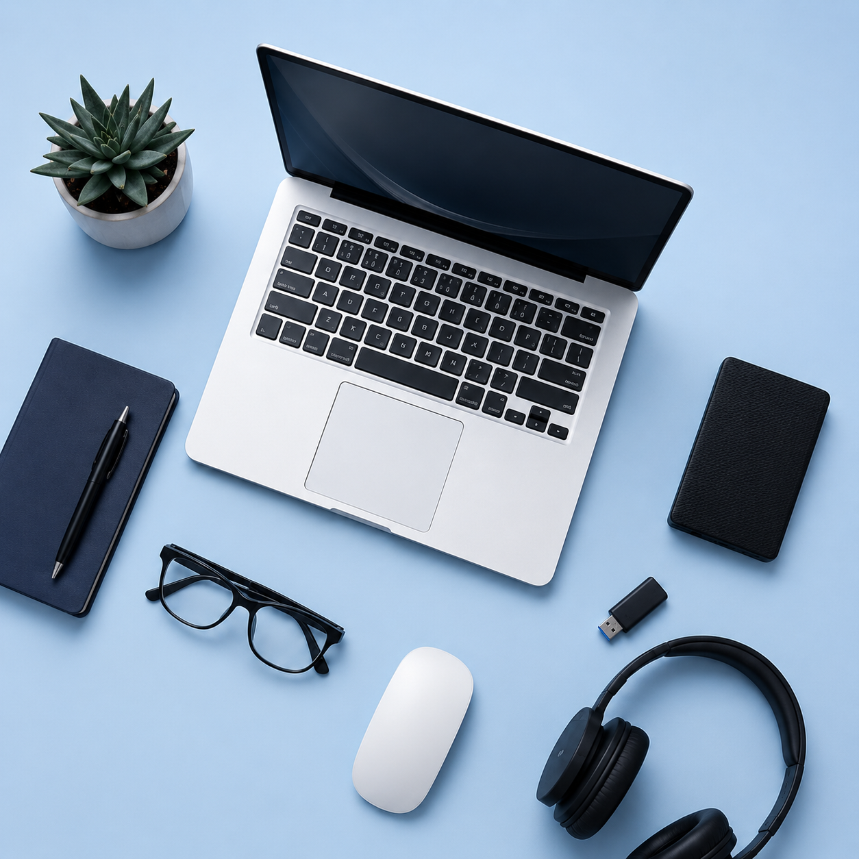 Workspace with laptop, notebook and headphones ready for collaboration
